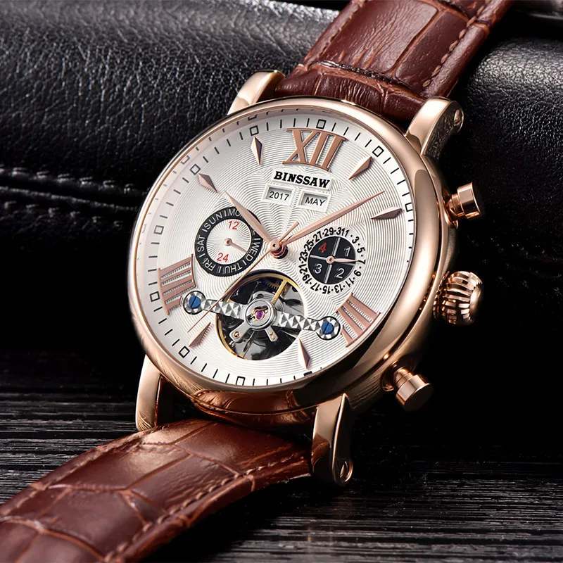 BINSSAW Men New Tourbillon Automatic Mechanical Watch Luxury Fashion & Casual Brand Leather Man Week Gold Self-Wind Watches