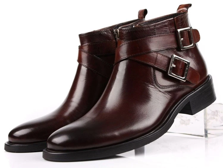 Botines de cuero auténtico con doble hebilla para hombre, botas de negocios, zapatos de vestir, grande Eur46, color negro/marrón|shoes business|boots menboots genuine leather - AliExpress