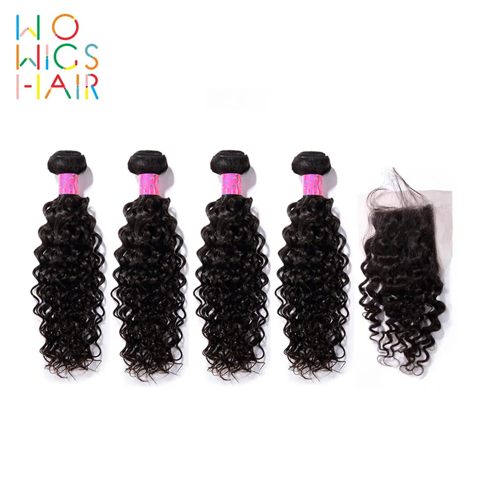 

WoWigs Hair Indian Hair Remy Hair Curly Hair 4 / 3 Bundles Deal With Top Lace Closure Natural Color 1B