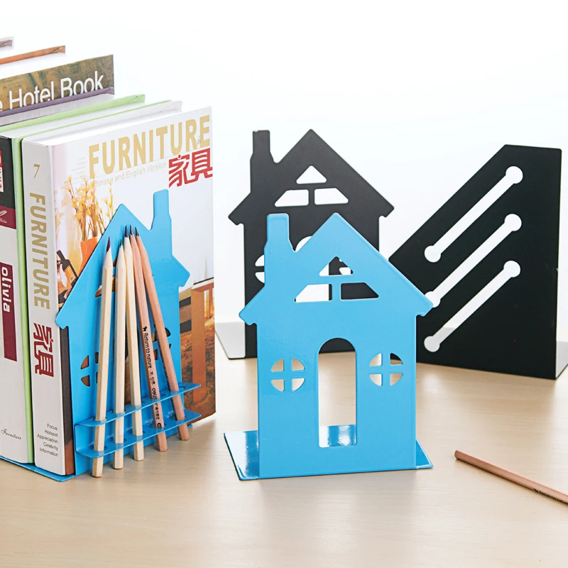 

2pcs/set Creative House Pattern Bookends Metal Black Blue 2 In 1 Book Stand Pen Holder Desktop Orangizer School Office Supplies
