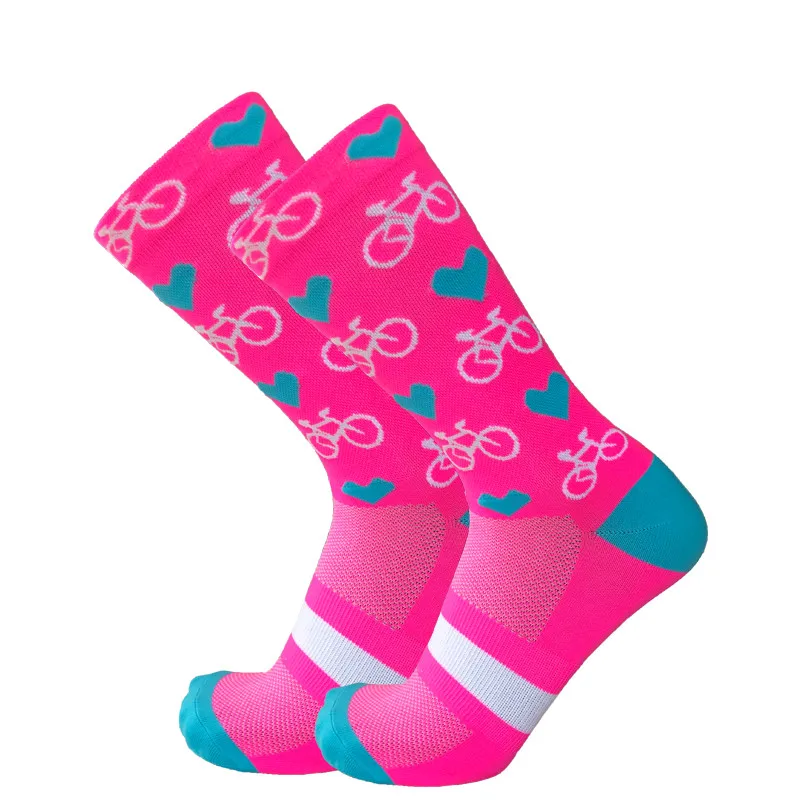 Профессиональные Спортивные профессиональные велосипедные Носки с рисунком сердца для мужчин и женщин, красивые Компрессионные носки для шоссейного велосипеда, горные носки для гонок - Цвет: Розовый