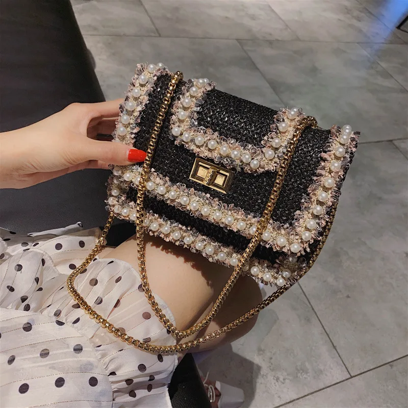 

Female Straw Beach Bag Crossbody Bags For Women 2019 Summer Wicker Designer Handbags Ladies Rattan Pearl Shoulder Messenger Bag