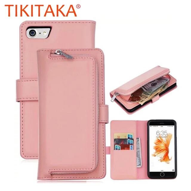 Cheap Leather Wallet Case + Back Cover For Apple iPhone 6 6s Plus 7 7plus 8 8plus Flip Case Coin Purse Zipper PU leather Phone Bag