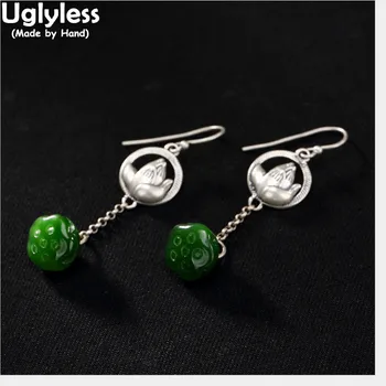 

Uglyless Real 925 Sterling Silver Women Luxury Natural Jasper Lotus Dangle Earrings Handmade Flower Brincos Ethnic Fine Jewelry