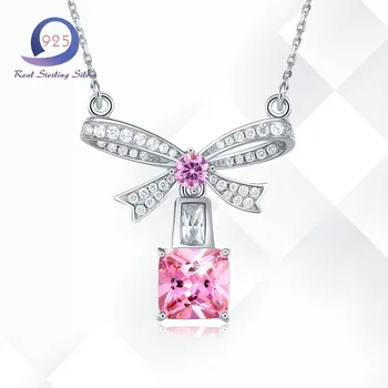

Merthus 925 Sterling Silver Chain with Charm Pink Lab-Created Gemstone Pendant Cute Bow Tie Fashion Party Necklace for Women