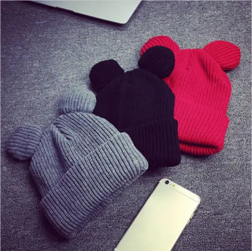 

hirigin Winter Wool Thick Knitted Hat With Two Cat Ears Women's Beanie Warm Soft Cap