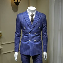 XM GEEKI европейский и американский джентльмен Небесно-Голубой двубортный мужской костюм британское Деловое платье полосатый костюм Блейзер 365wt43