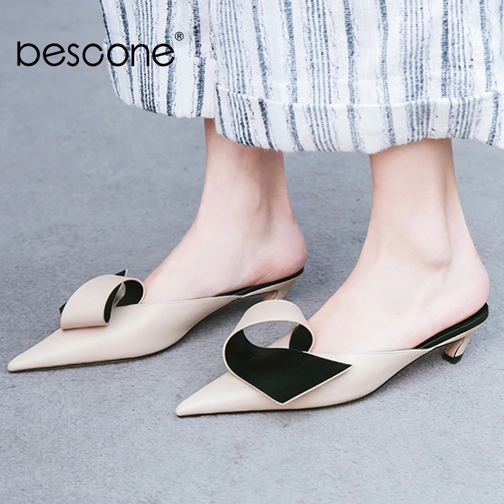 

BESCONE Design Mules Spring Summer 5cm High Heels Pointed Toe Women Casual Dress Pumps Real Cow Leather Breathable Pumps BO134