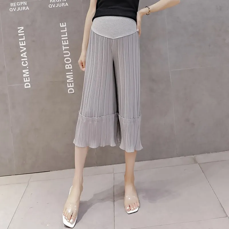 Korean version of chiffon wide leg pants pleated nine points wide leg pants loose casual pants pleated stomach lift pants