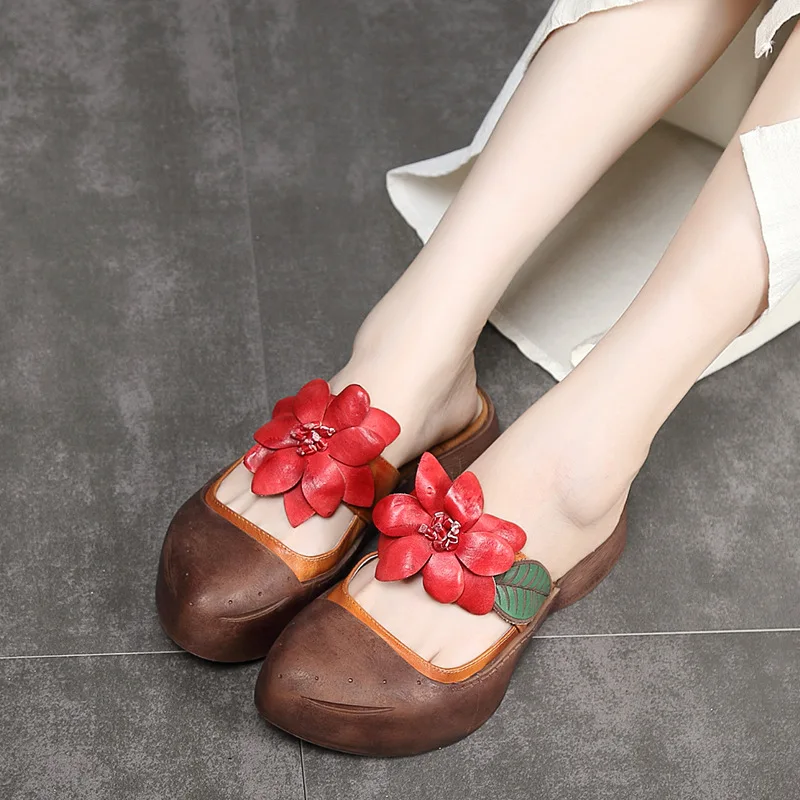 

Patent leather Ladies' Slippers Summer Baotou Handmade Sandal Retro Flower Cool Slippers Women Shoes Medium Heel