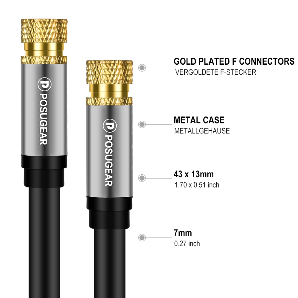 Posugear SAT Antenna Coaxial Cable F-Type HDTV Satellite Gold-plated Male to Male TV VCR DVD Digita
