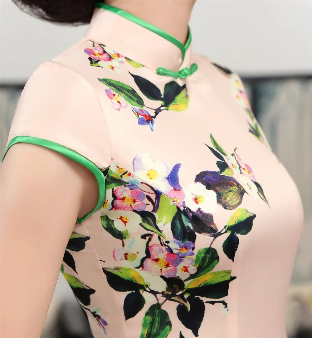 Шанхай история из искусственного шелка Китайская традиционная одежда Китайский стильное платье долго Cheongsam короткий рукав Qipao для женщин, 3