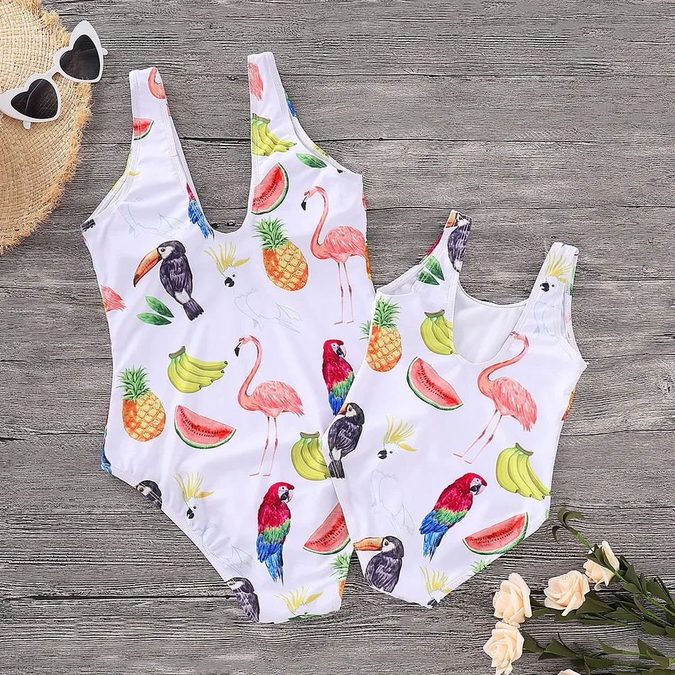 

Mommy and Me Colorful flamingo Print swimsuit One Piece Bathing suit Cute Family matching mother daughter Beach cloth QZ19018