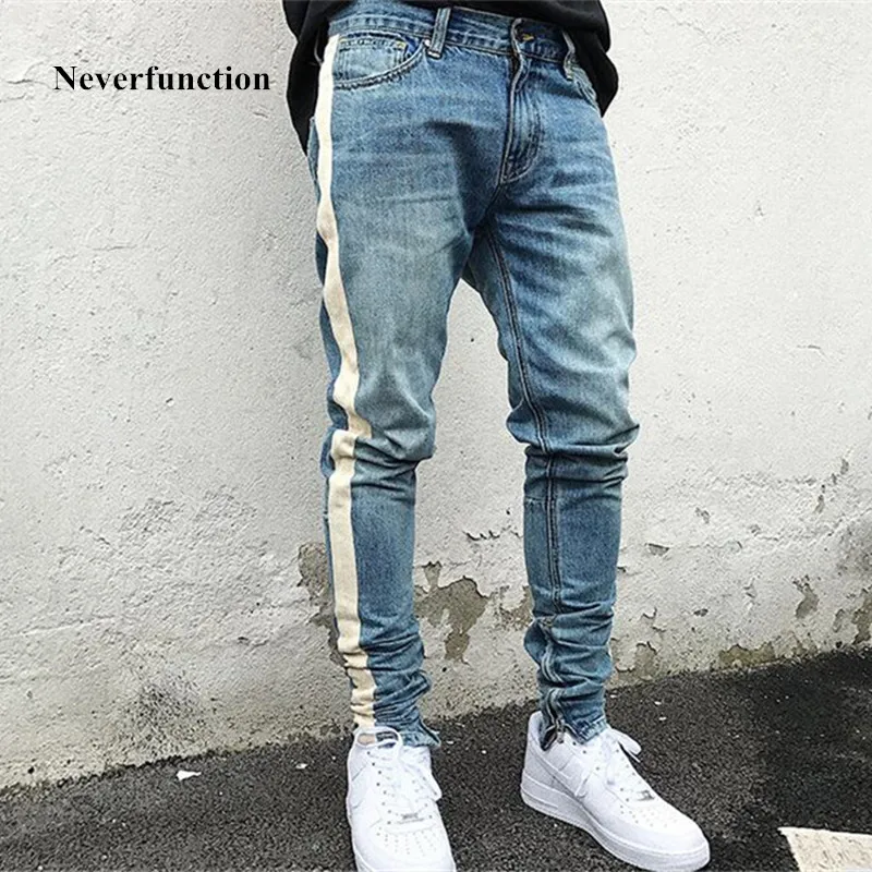 

kanye west blue black Skinny Jeans Men Hip Hop stripe Ripped Elastic Slim Fit Jeans brand biker Jeans Denim Jogger Design
