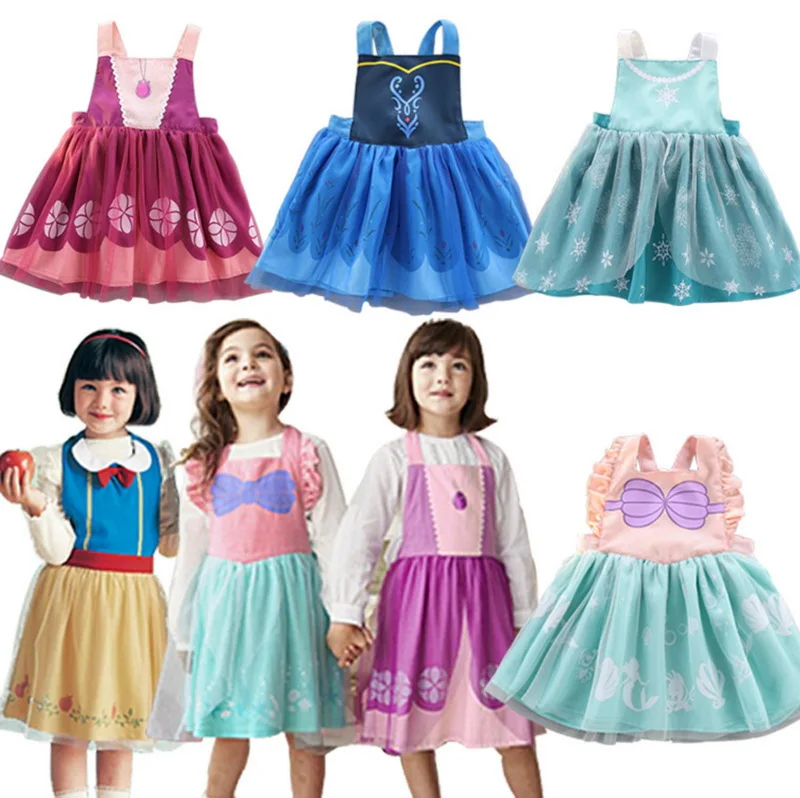 

2019 New In Children Waterproof Apron Dress Girls Cartoon Princess Drawing Coverall Dress overall 2-7Y E1119