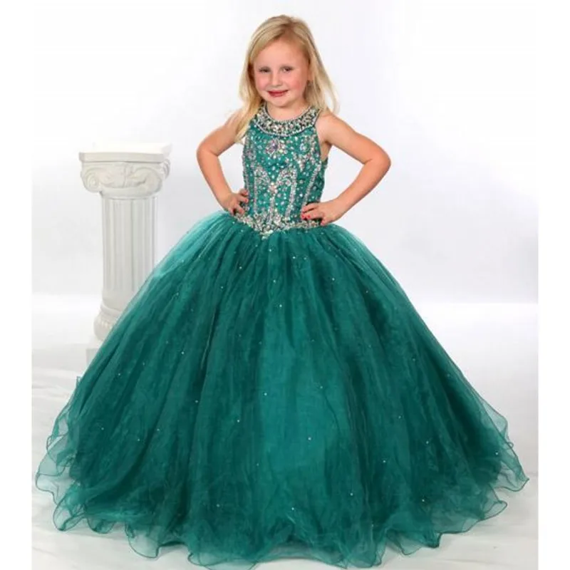 Hunter Green Flower Girl Dresses Ball Gown Beaded Scoop Little Girls