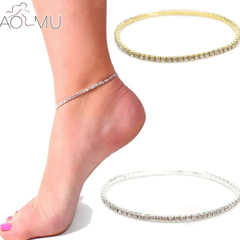 

AOMU One Row Clear Crystal Tennis Silver Gold Stretch Anklet Bracelet Foot Chain Leg Bracelet Foot Jewelry For Women