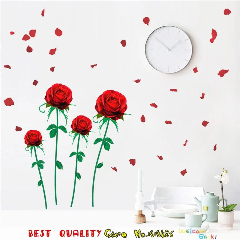 Red Rose Flower Waterproof Wall Stickers Flora Designs Removable Wall