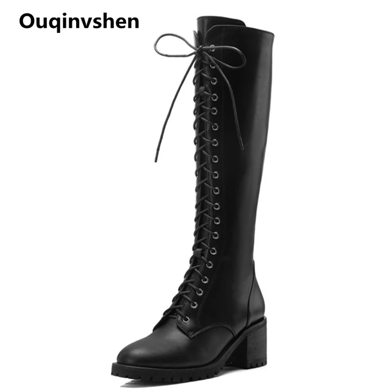 

Ouqinvshen Round Toe Platform Knee Boots Winter Black Fashion Casual Punk Lace Up Boots Square Heels High Heels Boots Women 6CM