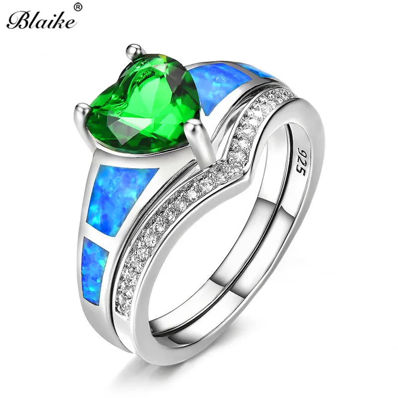 Blaike Green Heart Zircon Blue Fire Opal Ring Set for