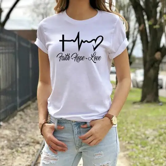

Causal T Shirt Woman Graphic Tees Summer Fashion Clothing Jesus Tops Faith Hope Love Print T-shirt Women Faithful
