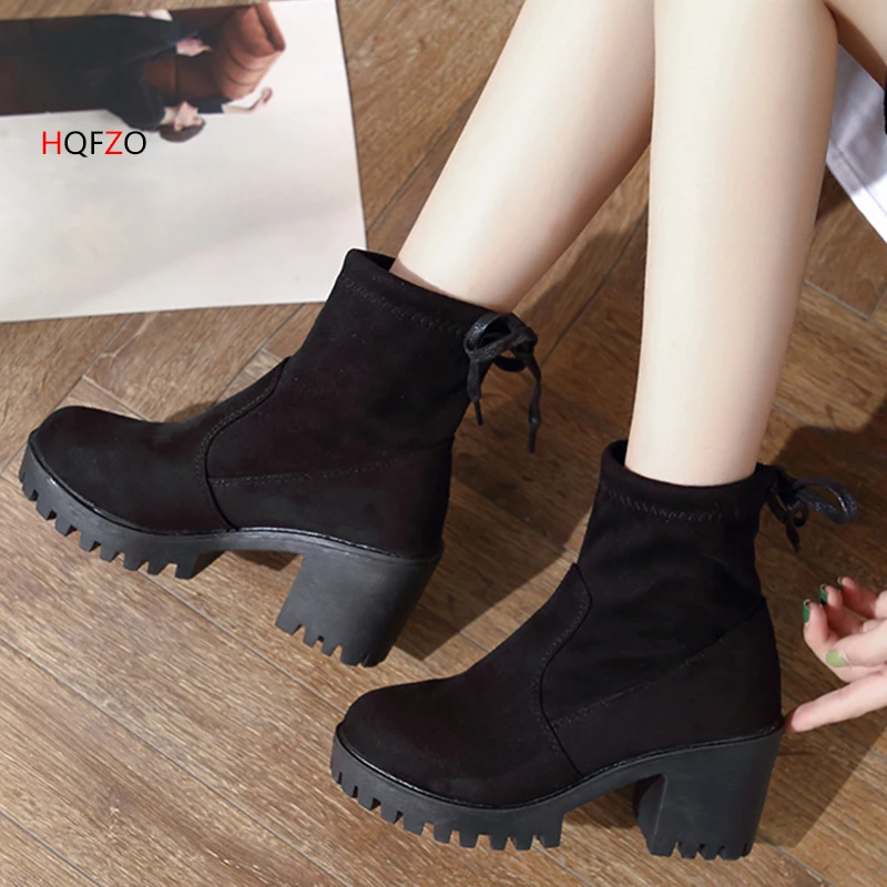

HQFZO Slim High Heels 7.5 Leather Ankle Boots Botki Platform Solid Comfortable Autumn Boots For Women Mujer 2018 Chaussure