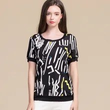 Шелковая женская футболка с принтом, Большая ширина натуральный шелк с круглым вырезом