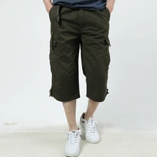 Три четверти одноцветные штаны повседневные новые стильные мужские короткие штаны с несколькими карманами хлопковые укороченные штаны Свободные рабочие модные штаны
