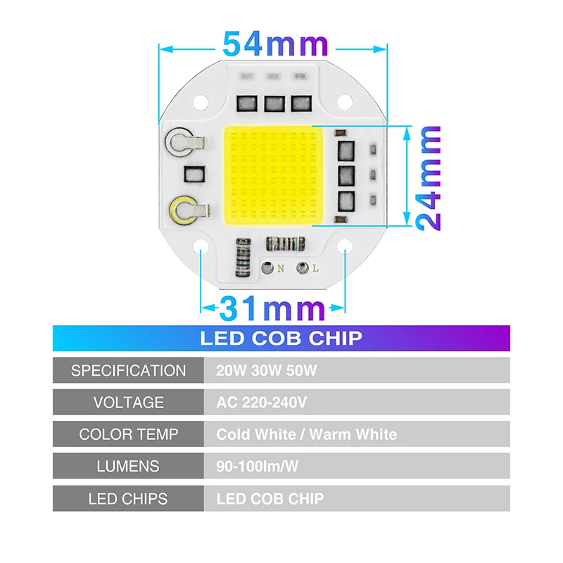 Умный IC светодиодный чип COB 20 Вт 30 Вт 50 Вт AC 220 В 240 В светодиодный светильник чипы нет необходимости драйвер для DIY светодиодный прожектор холодный теплый белый