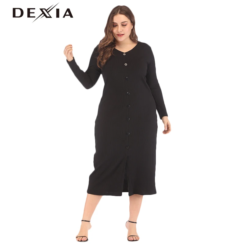 

DEXIA Spring Button Plus Size 3XL 4XL High Waist Dress Women Full Sleeve Party Beach Knitted Cotton Sweater Black Dress Femme