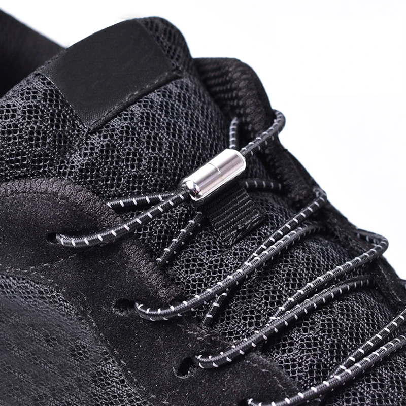 High Quality Lazy Shoelaces Locking Buckle Reflective Metal Capsule No Tie Elastic Shoe Laces Kids Adult Round Shoe Laces 100cm