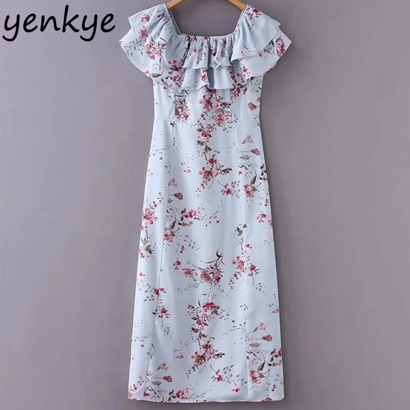 

Summer Sexy Off Shoulder Dress Women Ruffle Slash Neck Short Sleeve Sweet Floral Printed Long Dress vestido mujer AAZZ8988
