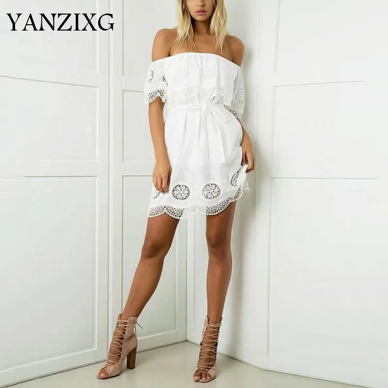 

Summer Dress For Women Patchwork Hollow Out Lace Slash Neck High Waist Bandage Bow Loose Mini Dresses Female 2019 Tide E243