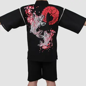 

2017 Traditional Japanese Cotton Kimono Suit Men Short Sleeve Fish Patterned Pajamas summer style Yukata cosplay costume 82001