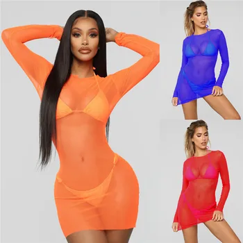 2020 Summer Feminino Women Sexy Fishnet Mesh Bikini Cover-up Transparent Beach Dress Female Beachwear Bathing Sundress 1