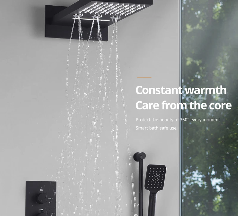 22Waterfall Rain Shower Sets Faucet Rotating Water Shower 4 Function Spa Waterfall Massage Bathroom Fixture Black Shower Set (20)