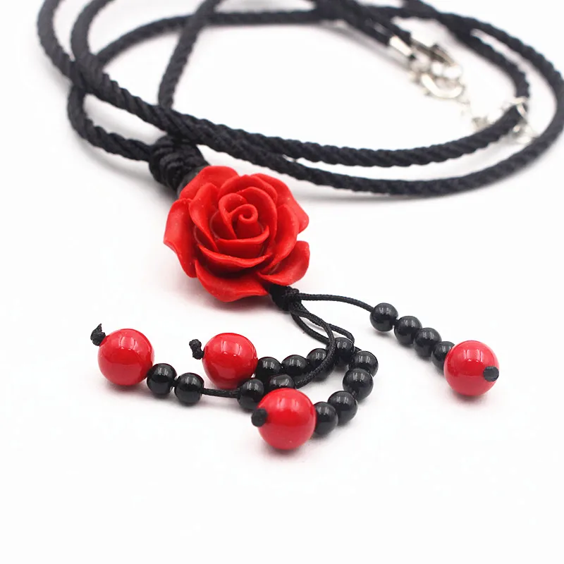 Yanting long maxi ethnic necklace for women red carved lacquerware flower pendant necklace rope chain handmade vintage jewelry (3)