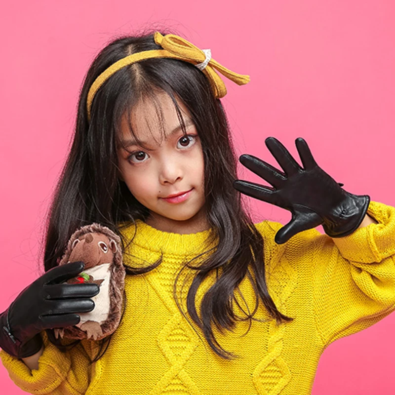 BOOUNI Genuine Leather Children Gloves Autumn Winter Warm Velvet Lined Kids Girls Sheepskin Gloves Five Fingers NW103