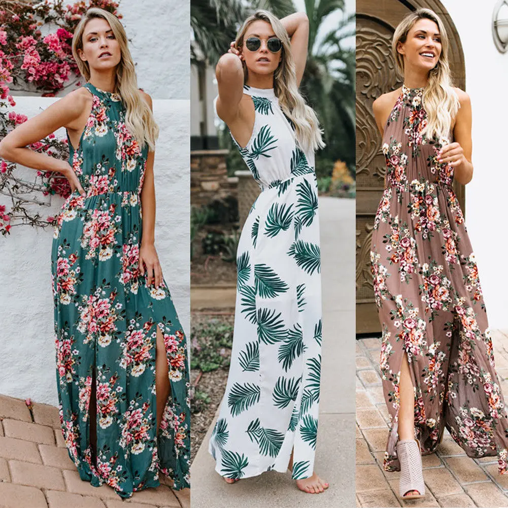 Summer Women Ladies Long Maxi Dress Sleeveless Floral Beach Party Long