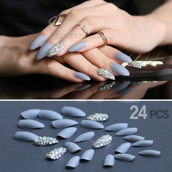 

Matte Gray Press On Nails Bling Nail Art False Short Pointed Soft fake stiletto nails full cover with Jelly glue 24pcs