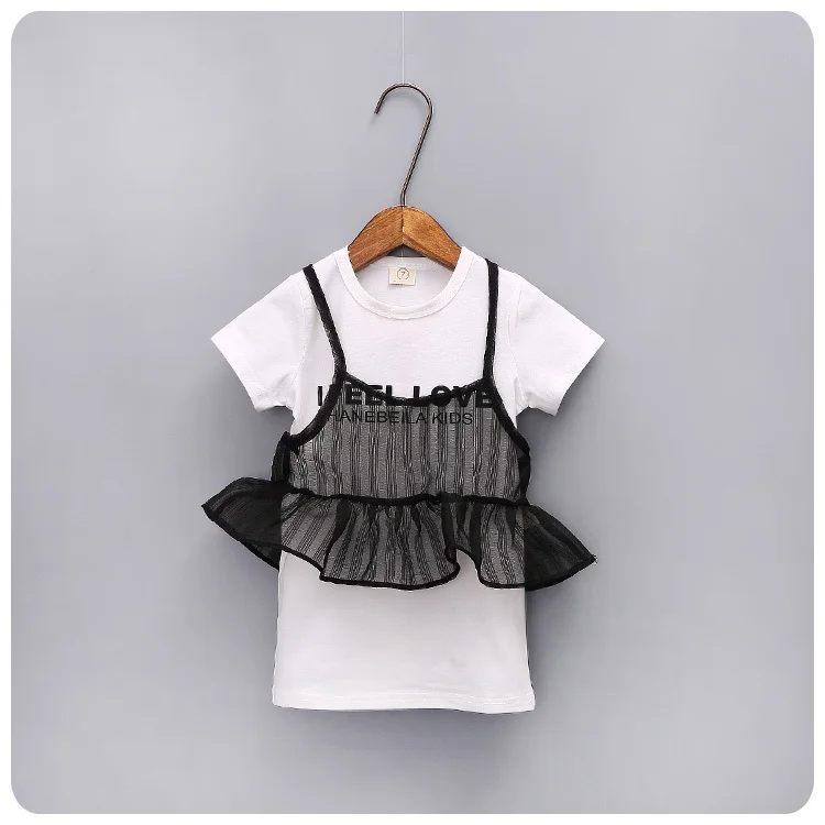 

2016 Girl Spring Summer New Style Korean Children's Garment Girl Fashion Lace Straps Short Sleeve Dress False Two Pieces Suit