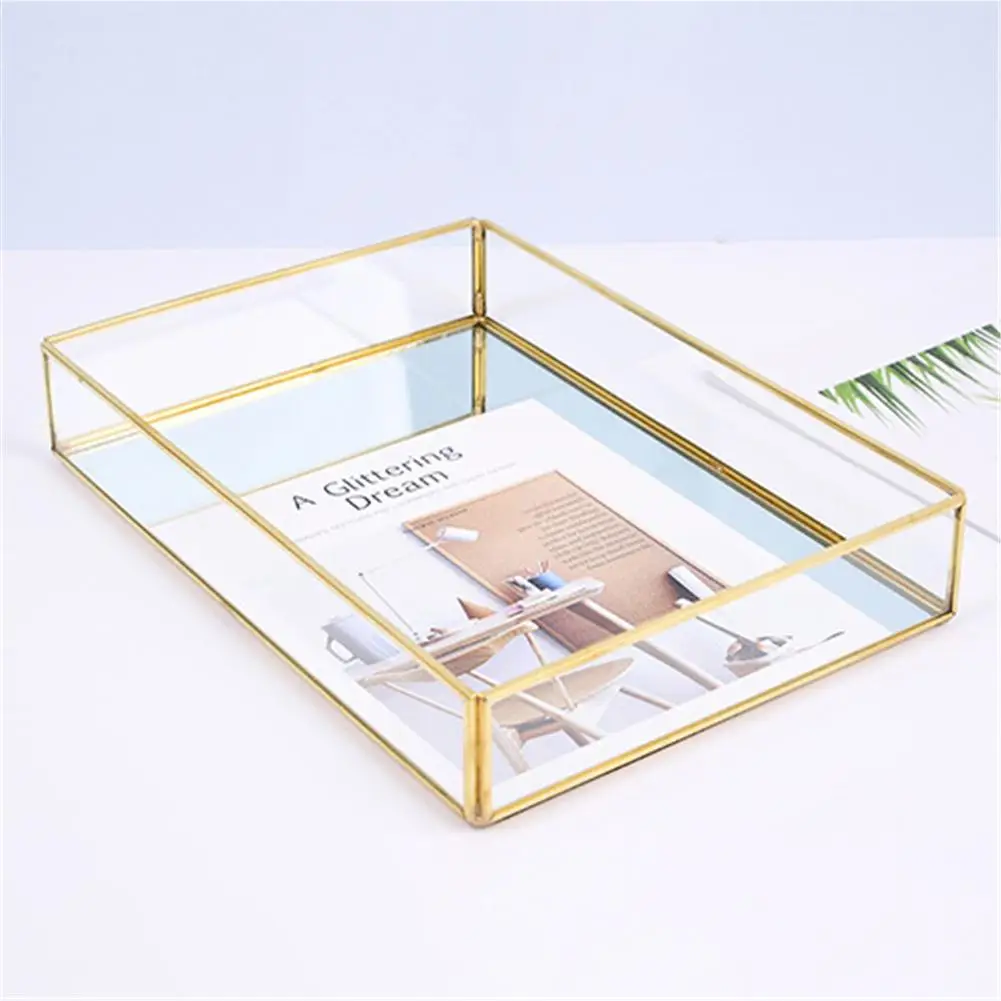 

Nordic Retro Brass Storage Tray Golden rectangle Glass Makeup Organizer Tray Dessert Plate Jewelry Display Home Kitchen Decor