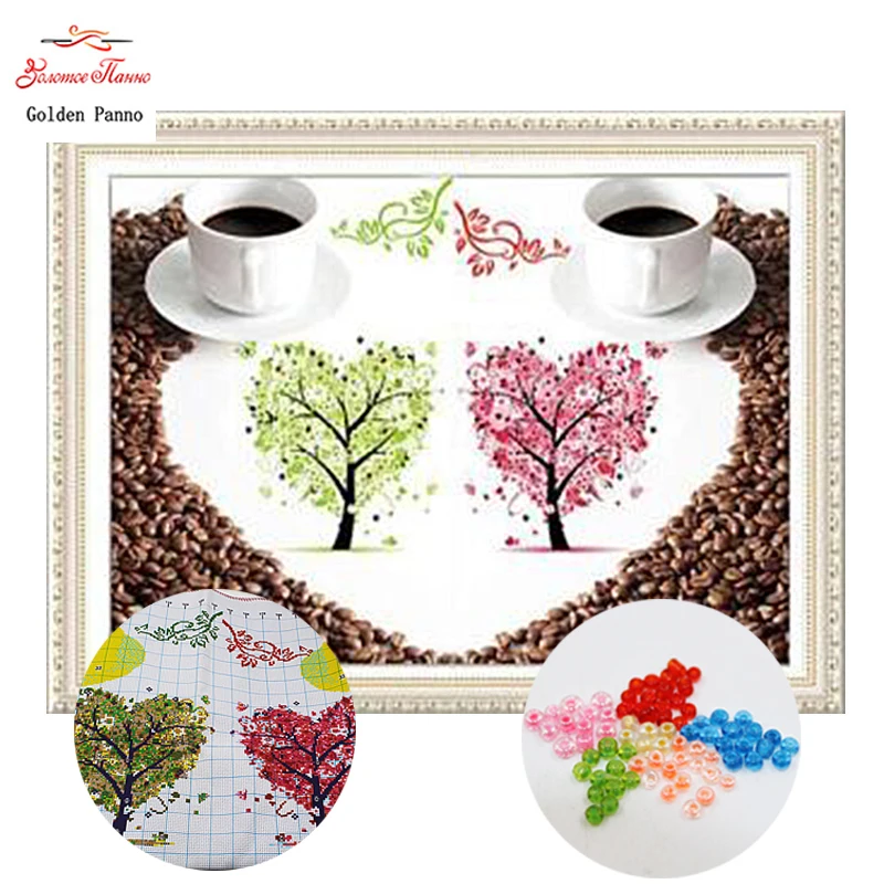 

GoldenPanno,Needlework,DIY bead Cross stitch,Embroidery stitch Two cups of coffee, Precise Printed heart Pattern cross 814