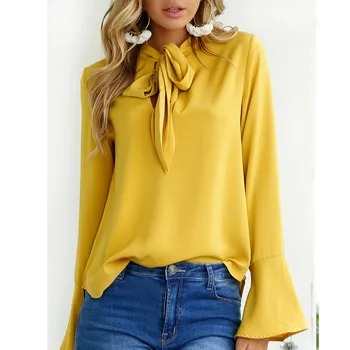 

Fashion Tie Collar Chiffon Blouses Shirts Womens Summer Autumn 2017 Flare Long Sleeve Solid Sexy Blouses Female Plus Size Tops