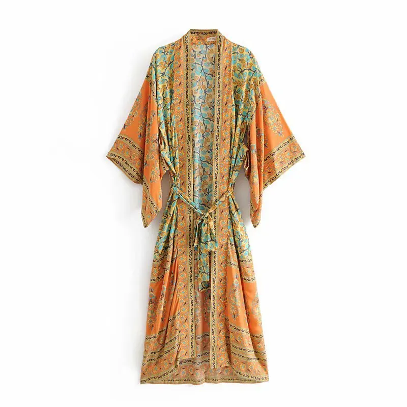 

2019 Boho Chic Summer Beach Vintage Floral Print Sashes Long Kimono Women Fashion Cardigan Loose Blouses Casual Blusas Mujer