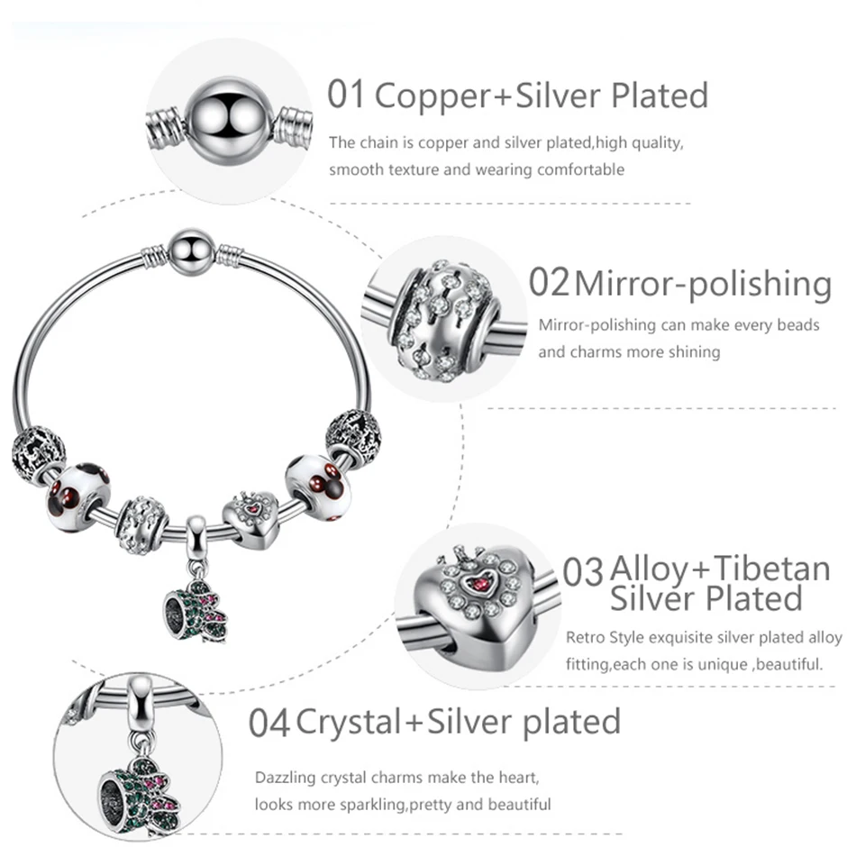 ELESHE Silver Strand Bracelet Lovely Minnie Pendant Bracelets Bangle Jewelry DIY Murano Glass Beads Charm Bracelet for Women