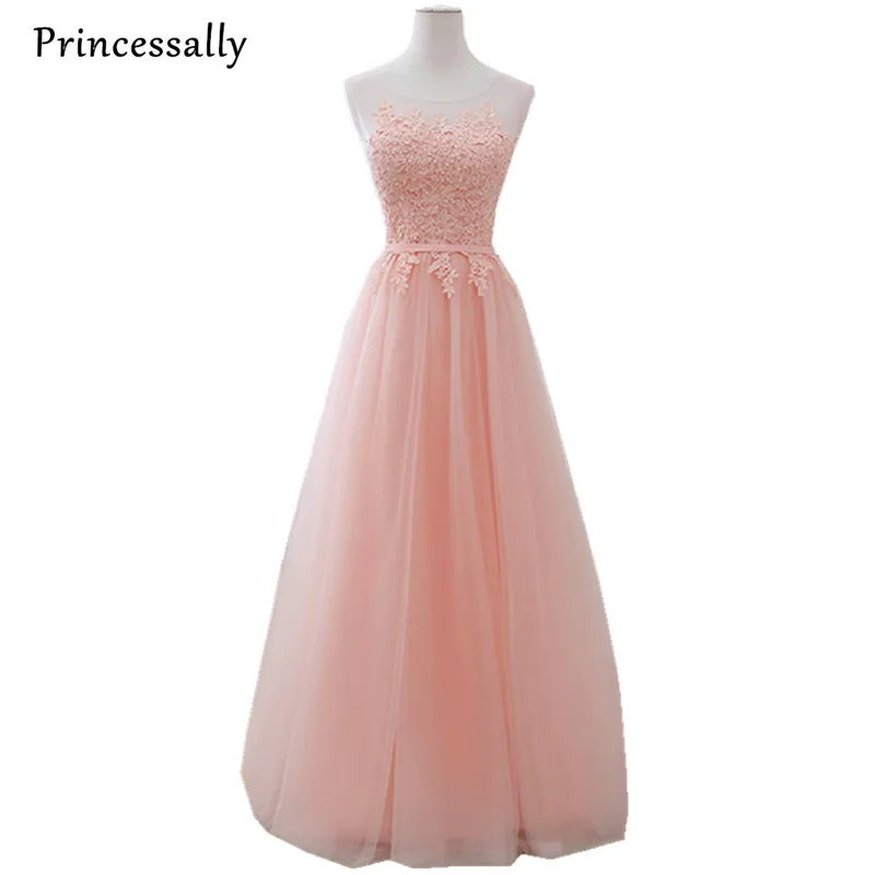 

Vestido De Noiva Long Blush Pink Evening Dress Appliques Lace Sheer Neck Formal Bride Elegant Wedding Prom Party Formal Gown