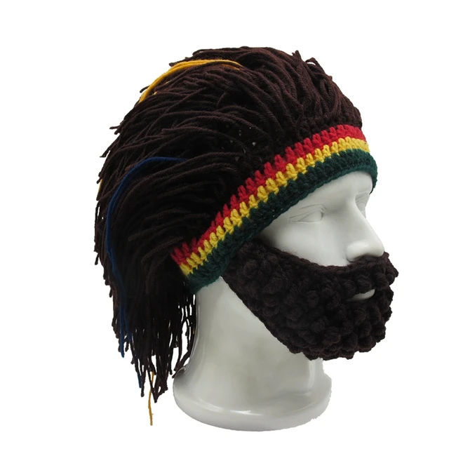 Parrucca Barba Cappello di Lana Rasta Beanie Uomo Delle Caverne