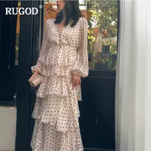 RUGOD Elegant Long Ruffle Dress Women Fashion Dot Print V Neck Long Sleeve Party Dress Spring Cascading Ruffle Dress Vestidos ruffle detail dot textured embroidery dress