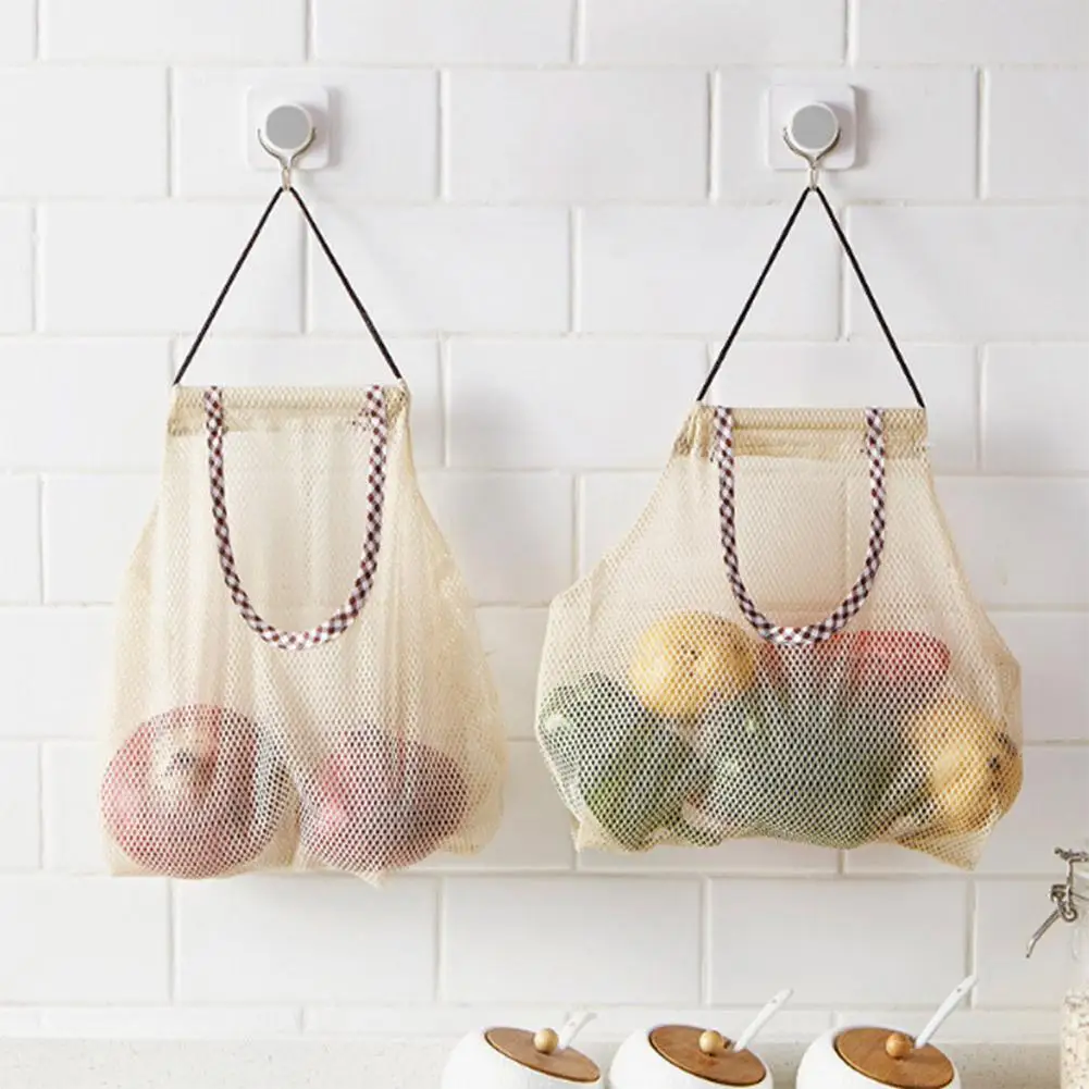 

DSstyles Beige Reusable Mesh Hanging Storage Bag for Fruit Vegetable Garlic Kitchen Supplies